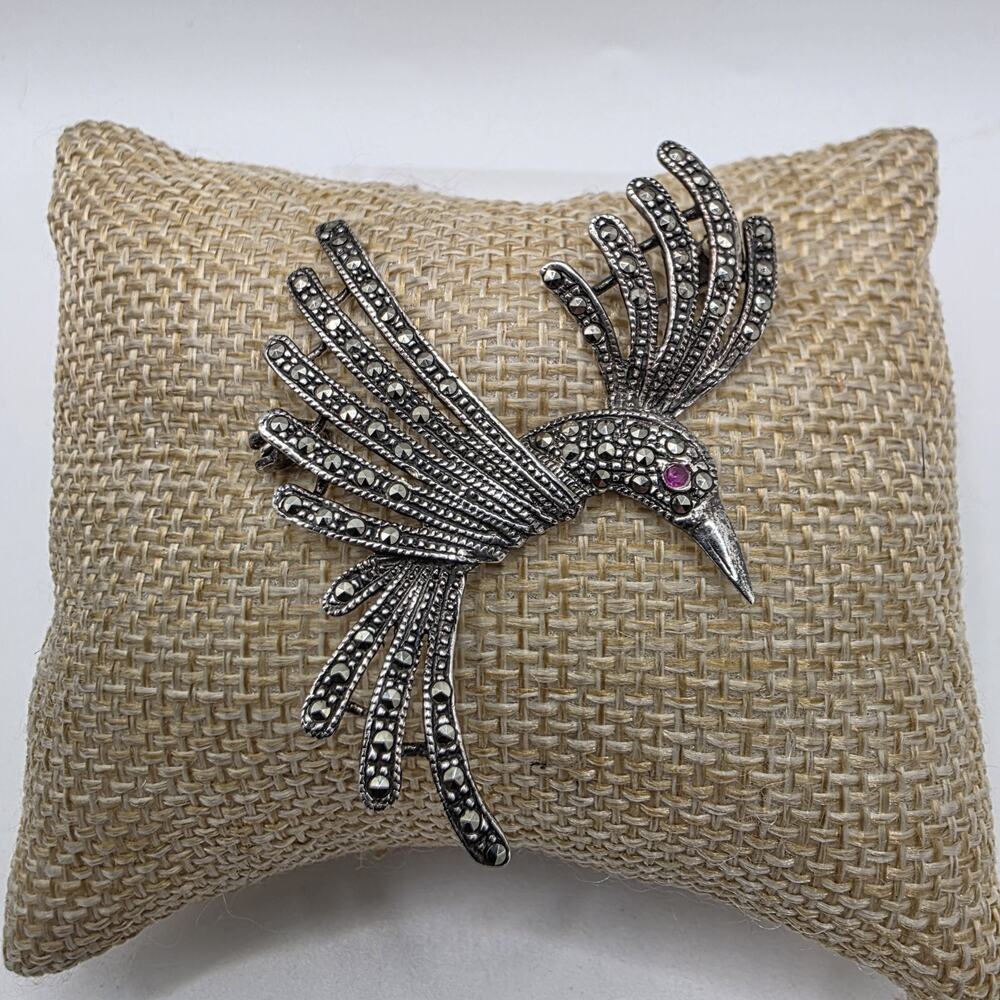 Vintage Estate Marcasite Red Spinel Sterling Silver Humming Bird Pin Brooch